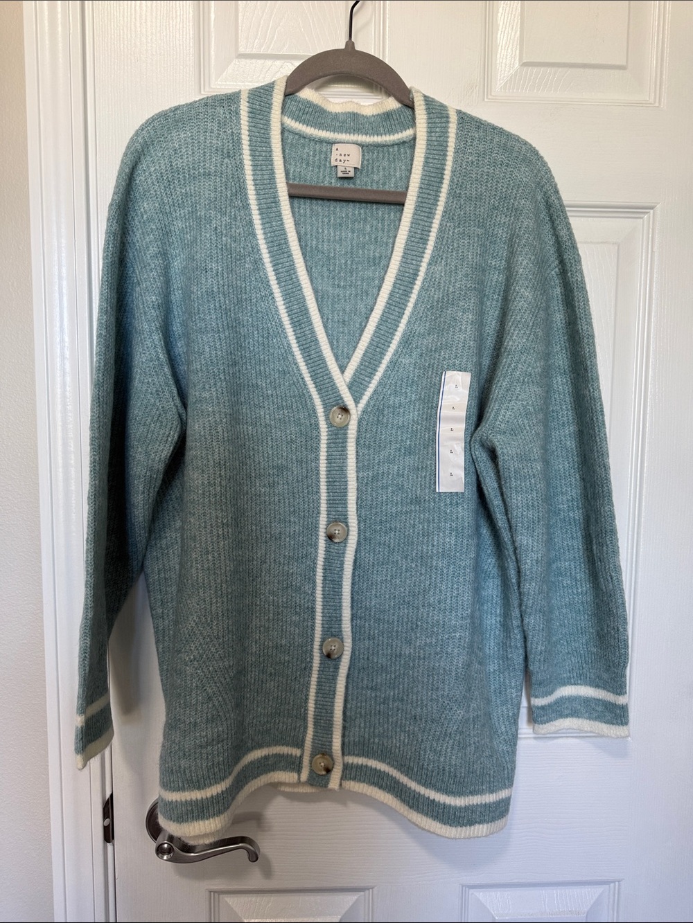 a new day Seafoam Green/blue V‑Neck Button Cardigan with Ivory Trim Sz L NWT